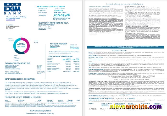 Ukrainian Ukreximbank Bank mortgage loan statement, 4 pages 1-2